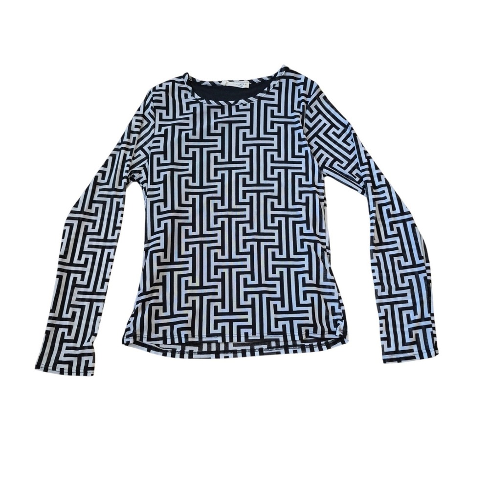Tiffany & Grey Petite Small Black White Geometric Greek Key Mesh Long Sleeve Top